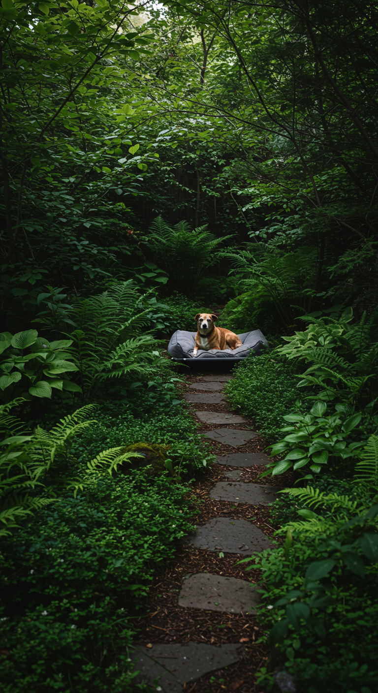 Hund liegt in Hundebett auf Steinpfad in dicht bewachsenem, schattigem Waldgarten