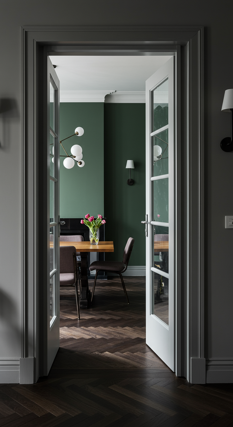 Blick durch offene Sprossentür von grauem Flur in grünes Esszimmer.
