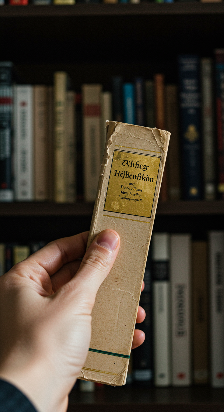 Hand hält ein schmales, altes Buch mit vergilbtem Etikett vor Bücherregal.