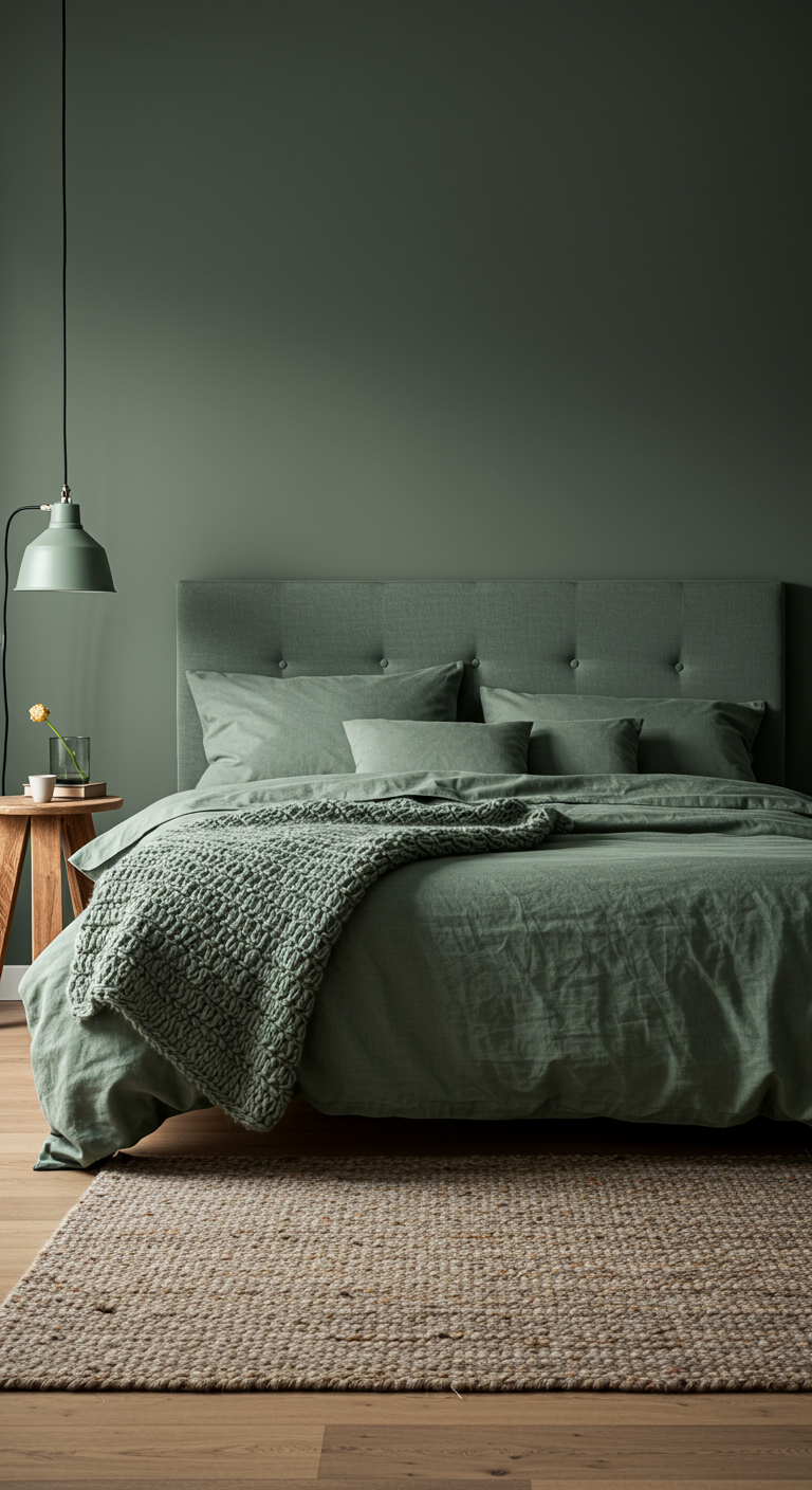 Schlafzimmer mit salbeigrünen Wänden und grüner Leinenbettwäsche.