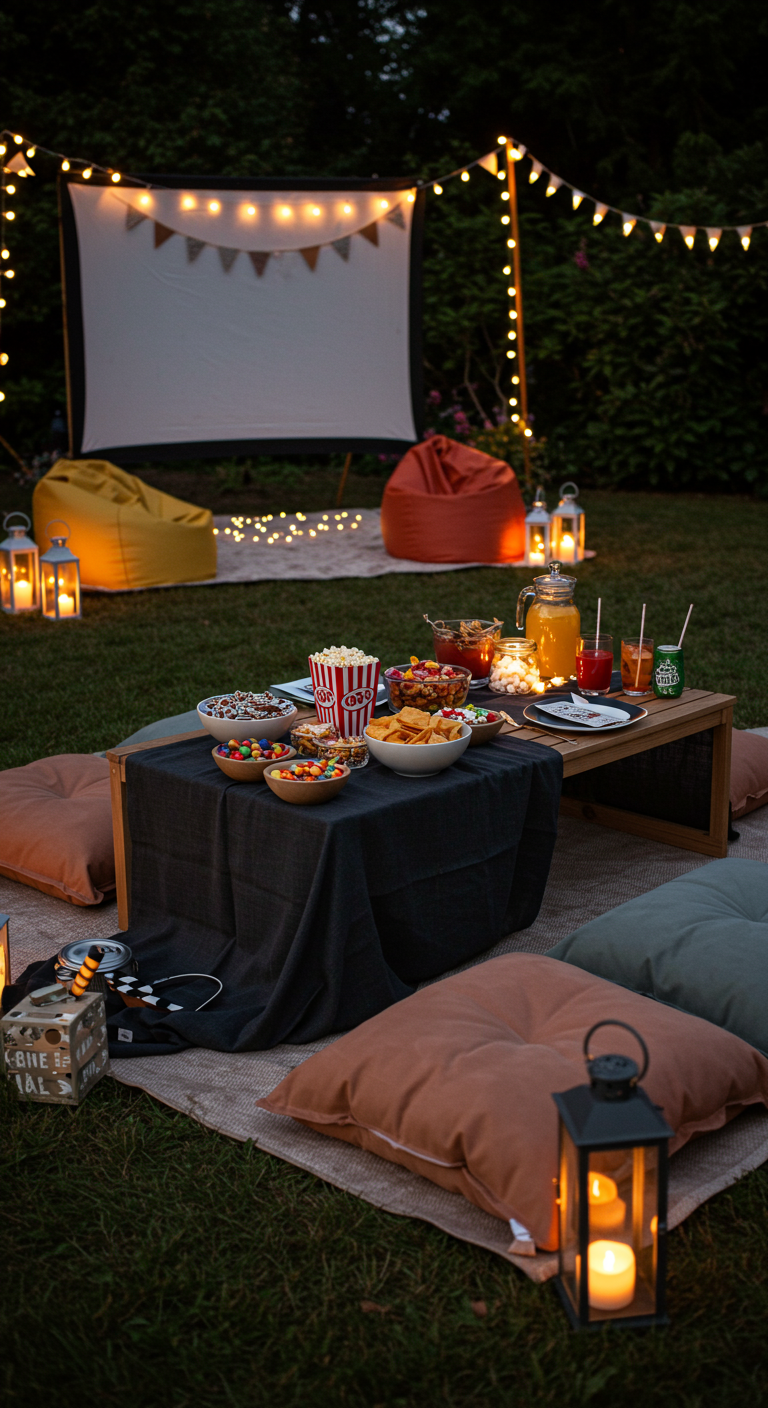 Gemütliches Gartenkino-Setup mit Snacks, Kissen und Lichterketten.