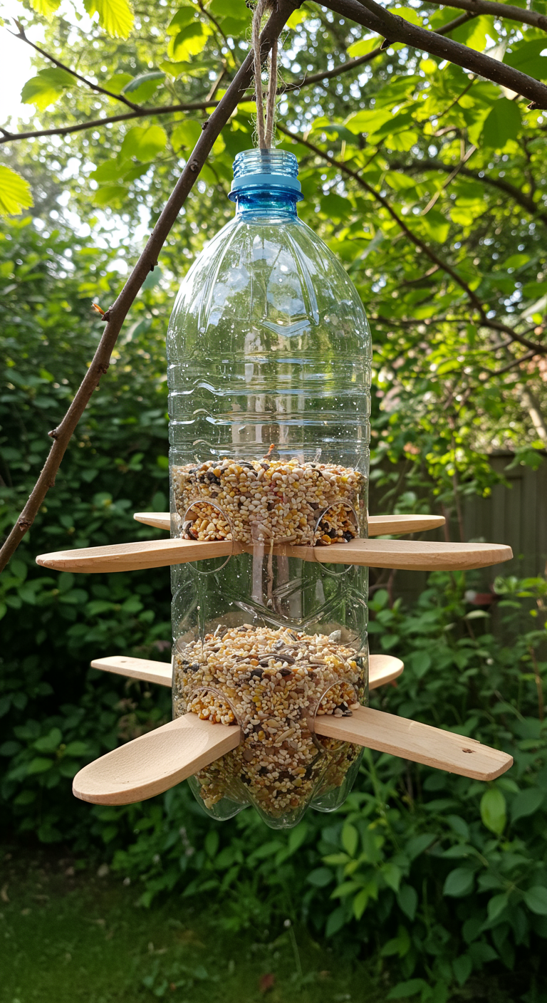 DIY-Vogelfutterspender aus einer Plastikflasche und Holzlöffeln, hängt an einem Ast.