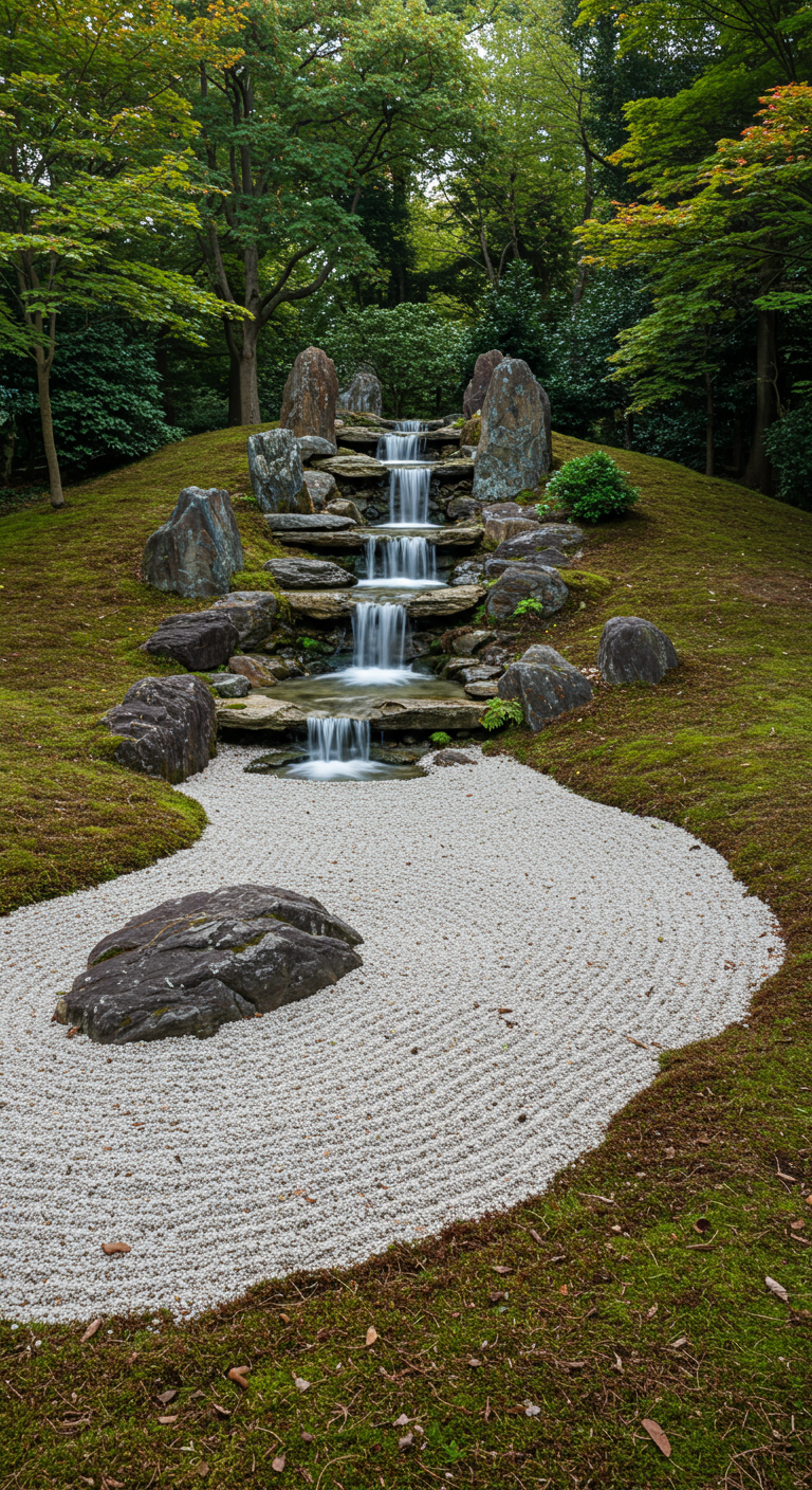 Kleiner Wasserfall mündet in ein sorgfältig geharktes Kiesbett in einem Zen-Garten.