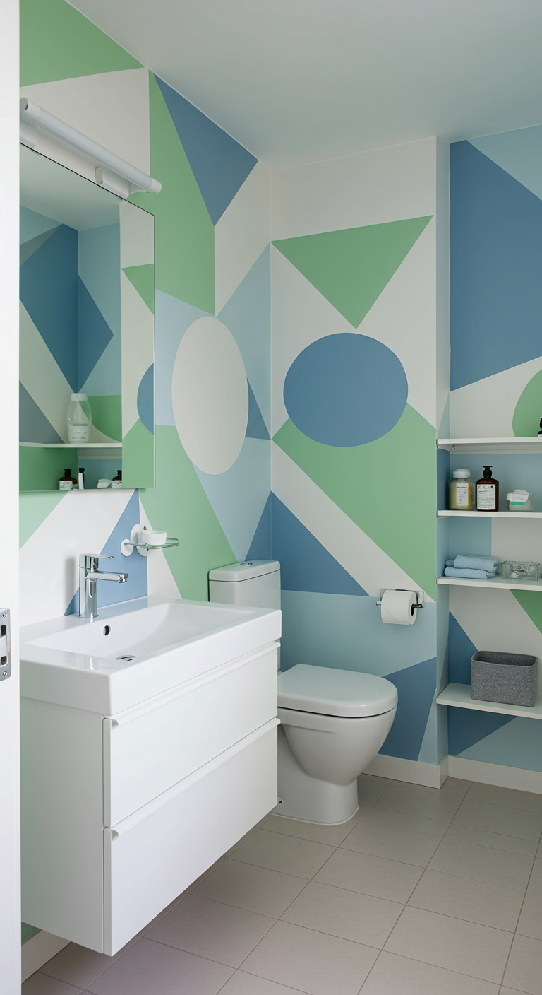 Modernes Kinderbad mit geometrischen Mustern in Blau, Grün und Weiß an den Wänden.
