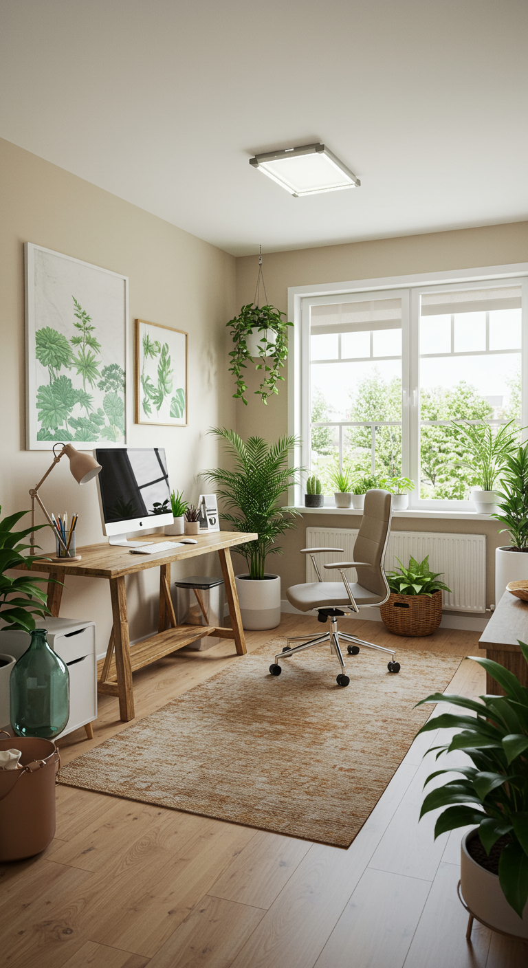 Helles Home-Office mit vielen Zimmerpflanzen, Holzelementen und botanischen Drucken.