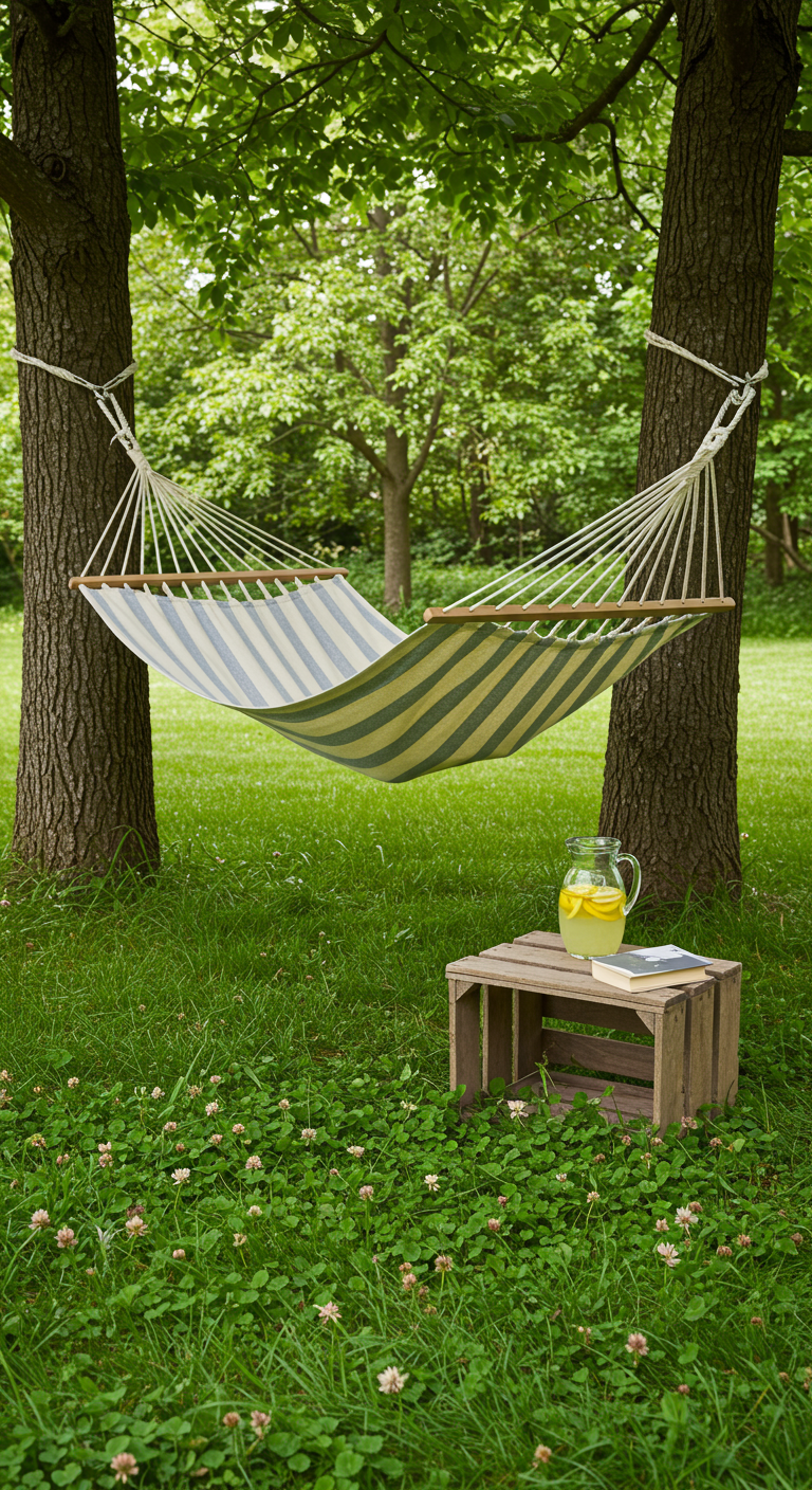 Gestreifte Hängematte zwischen zwei Bäumen im Garten mit kleinem Holztisch.