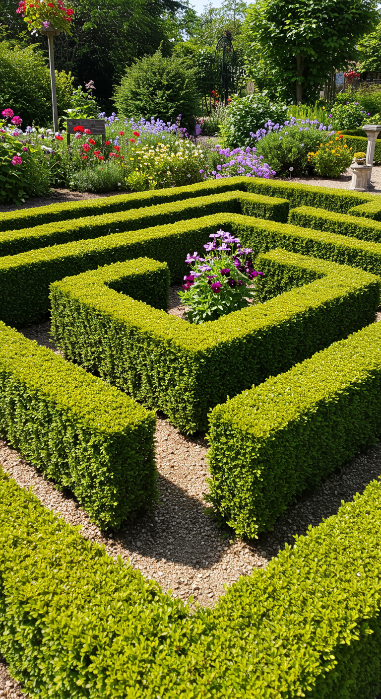 Kleines Labyrinth aus niedrig geschnittenen Buchsbaumhecken mit Kieswegen.