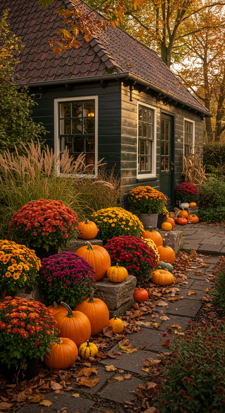 Holzhütte im Herbst mit vielen Kürbissen und bunten Chrysanthemen davor.