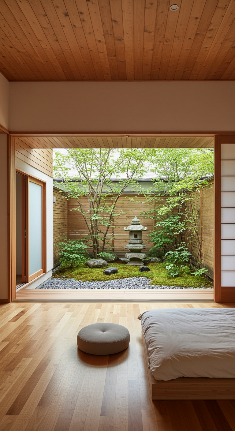 Japanisches Schlafzimmer mit Futonbett und Blick in einen kleinen Zen-Garten.