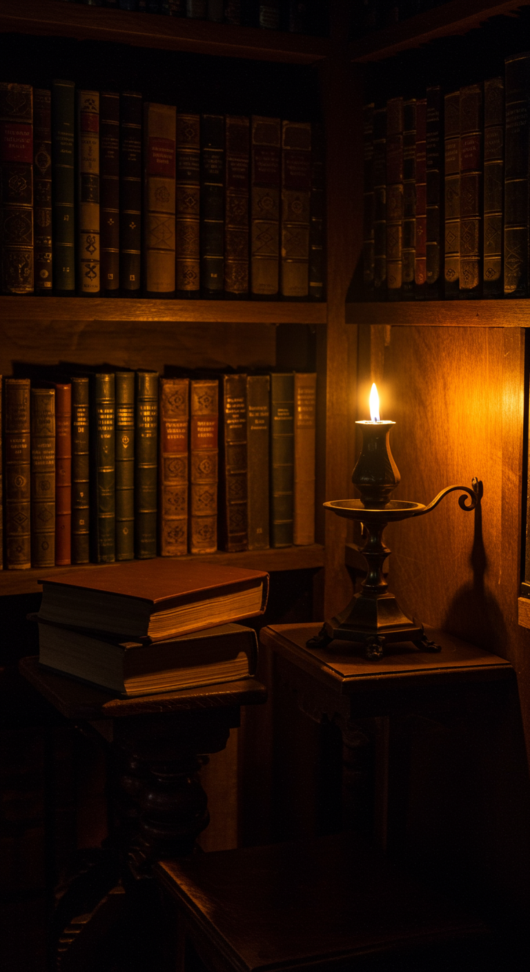 Dunkle Bibliotheksecke mit brennender Kerze in einem antiken Messing-Kerzenhalter.