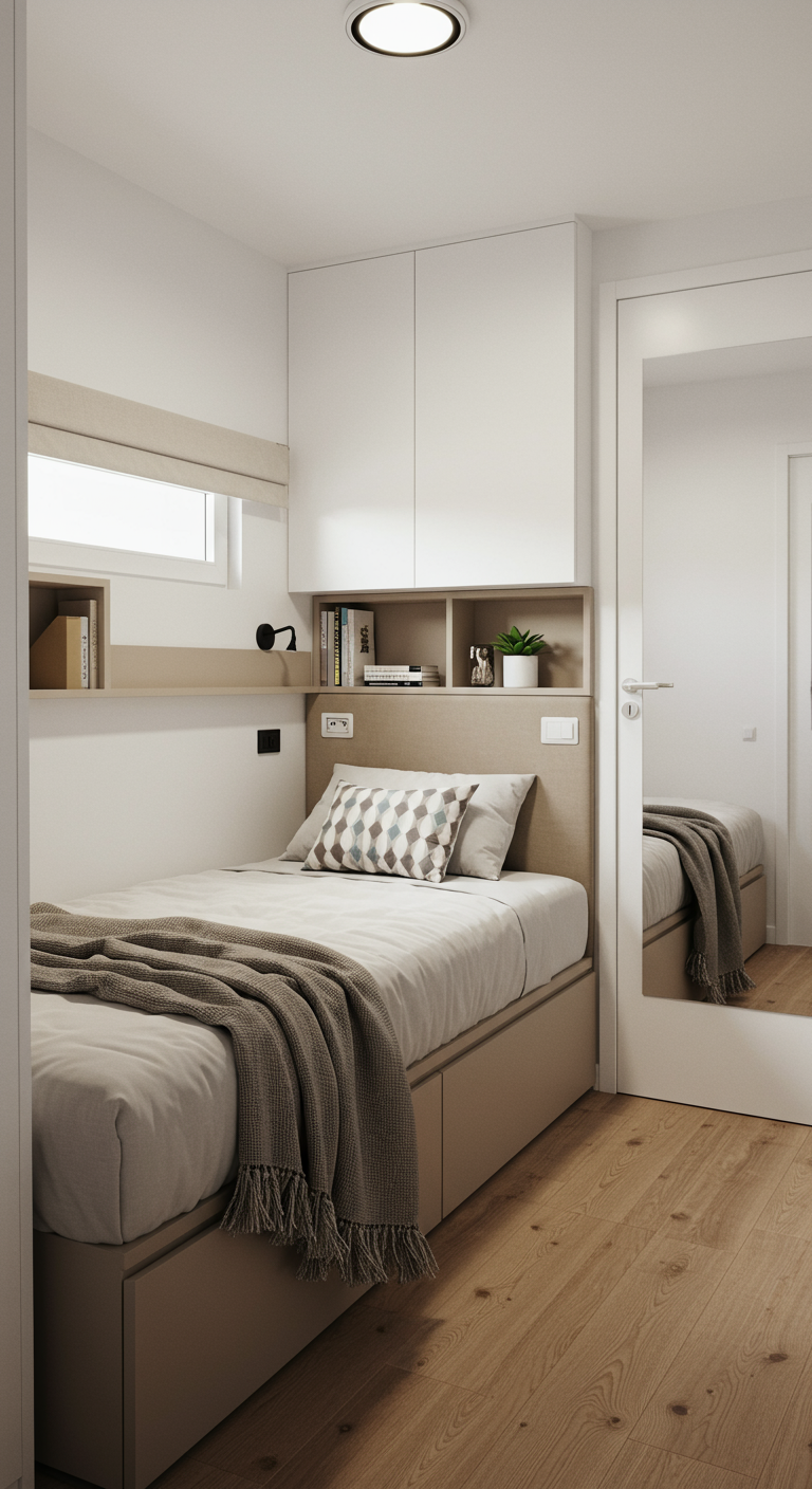 Kleines Einzelzimmer mit Bett mit Schubladen und integrierter Nischenablage.