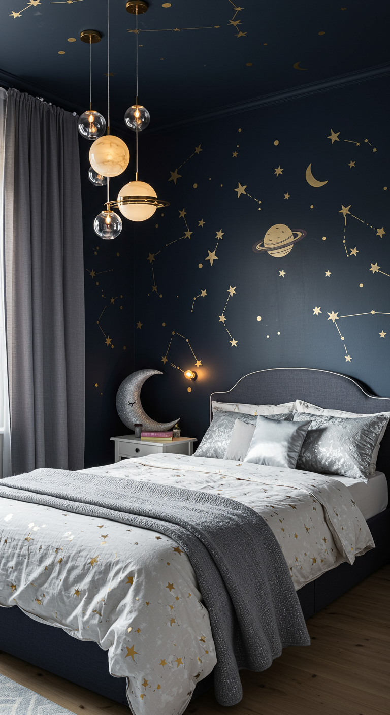 Schlafzimmer mit dunkelblauer Weltraum-Themenwand, Planetenlampe und Sternenbettwäsche.