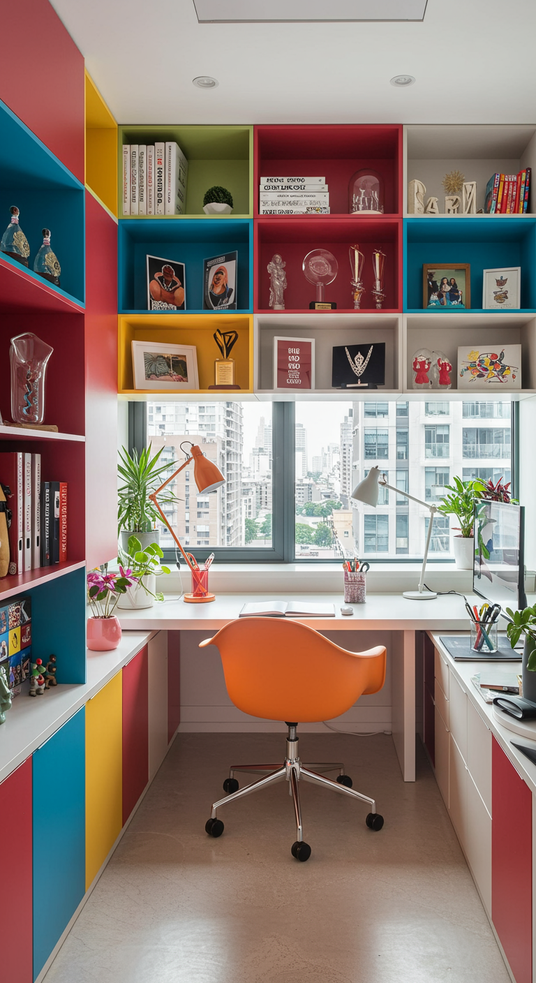 Farbenfrohes Büro mit bunten Regalen um ein Fenster und orangefarbenem Stuhl.