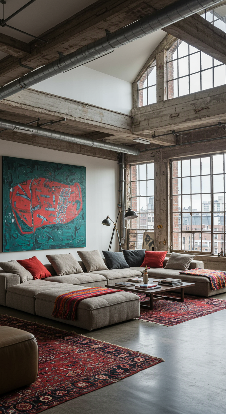 Großes Loft-Wohnzimmer mit Betonwänden, riesigem Sofa und bunten Teppichen.