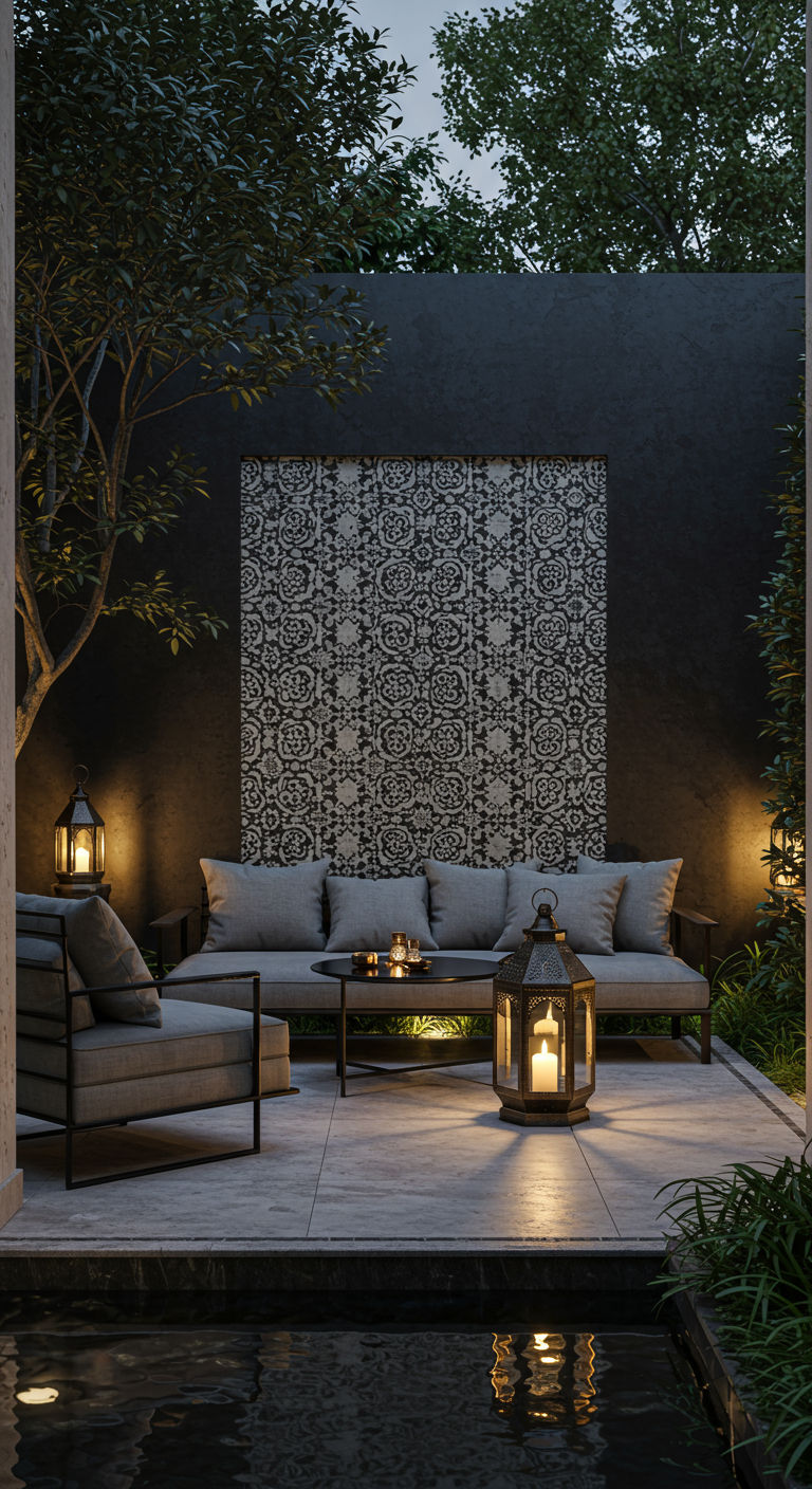 Moderner marokkanischer Garten mit grauen Möbeln, Mosaikwand und Laternen bei Nacht.