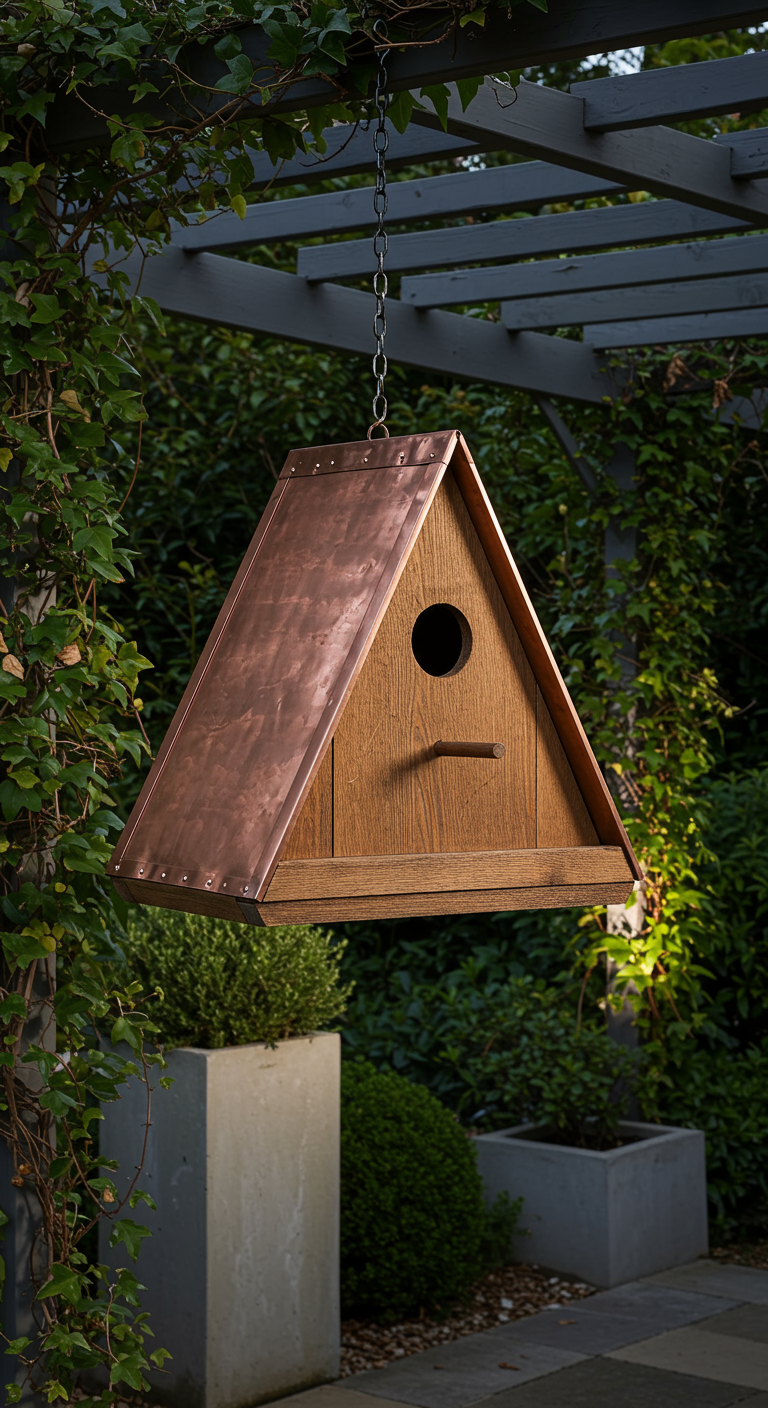 Dreieckiges Vogelhaus aus Holz mit glänzendem Kupferdach, hängt an einer Pergola.
