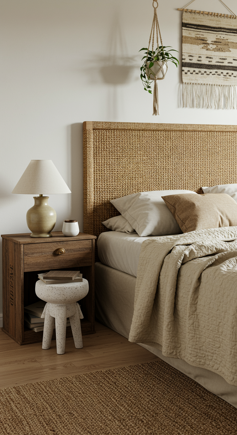 Skandinavisches Schlafzimmer mit Bettkopfteil aus Wiener Geflecht und Naturmaterialien.