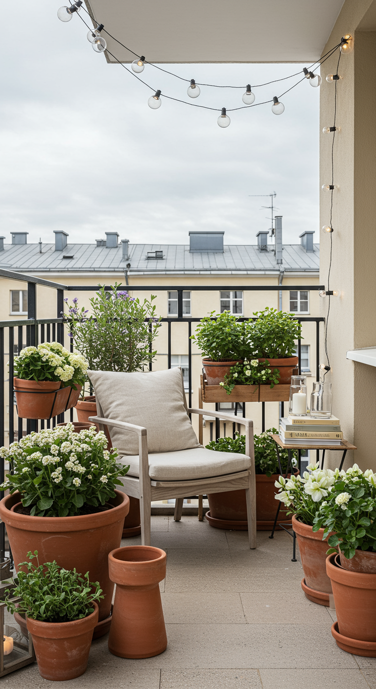 Balkon mit vielen Terrakotta-Töpfen unterschiedlicher Größe, bepflanzt mit weißen Blumen und Kräutern.