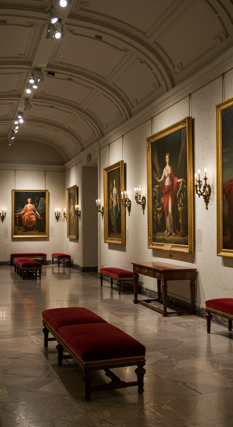 Galerieähnlicher Raum mit großen Gemälden an den Wänden und Sitzbänken.