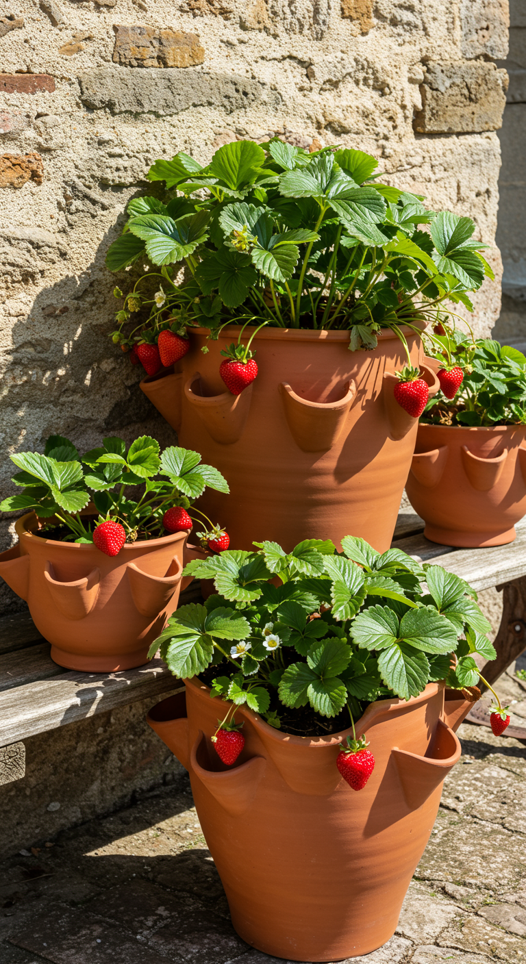 Mehrere Terrakotta-Erdbeertöpfe in verschiedenen Größen, bepflanzt mit Erdbeeren.