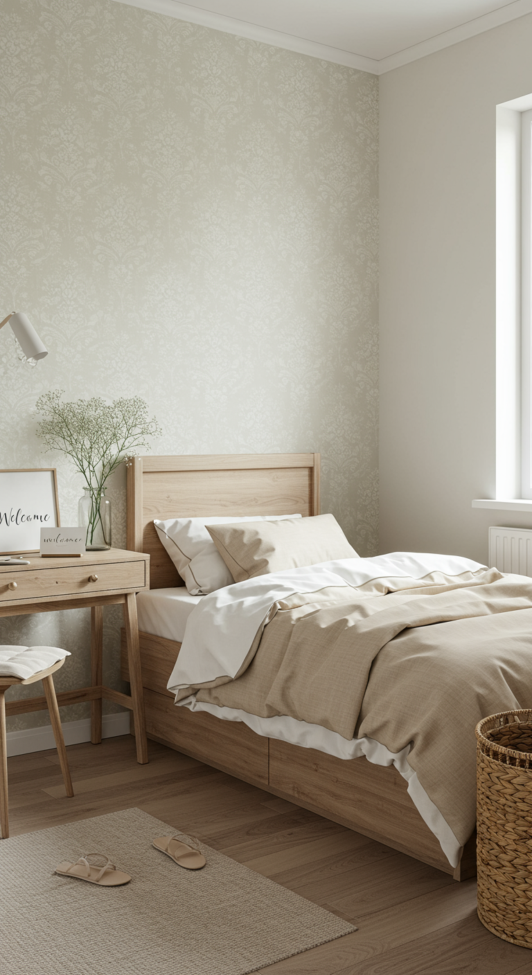 Ruhiges Schlafzimmer mit heller Mustertapete, Holzbett und beiger Bettwäsche.