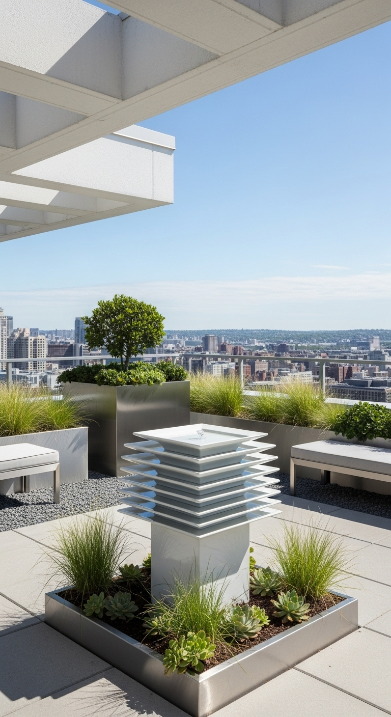 Modernes Vogelbad aus gestapelten quadratischen Platten auf einer Dachterrasse mit Stadtblick.