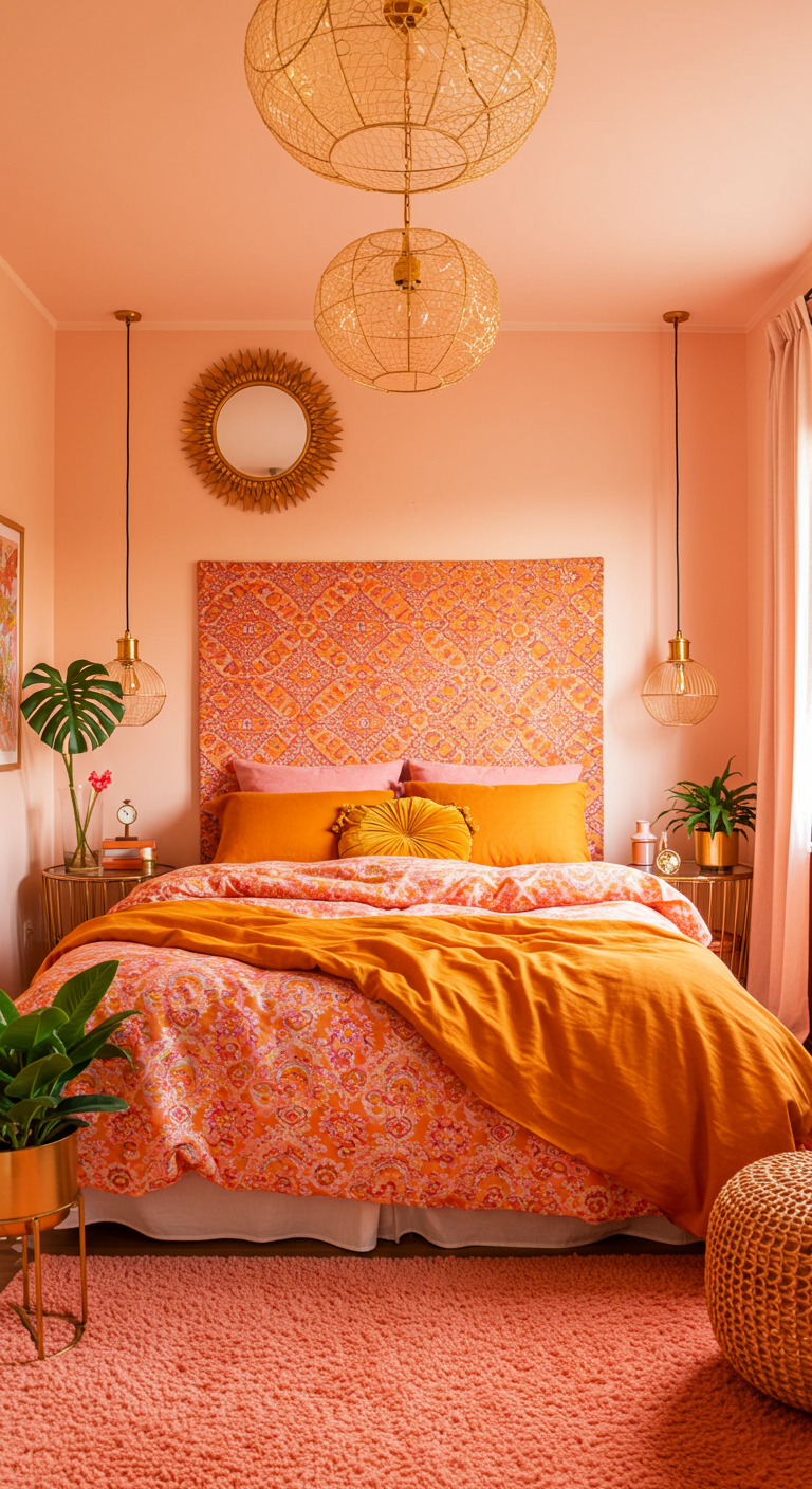 Warmes Boho-Schlafzimmer in Korall- und Orangetönen mit goldenen Akzenten.