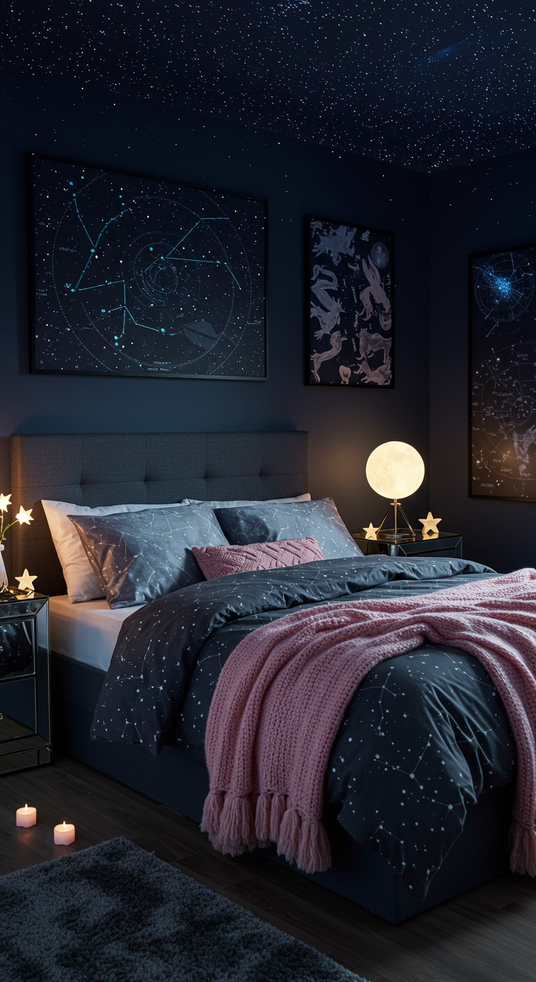 Dunkelblaues Schlafzimmer mit Sternenmotiv, rosa Decke und Mondlampe.