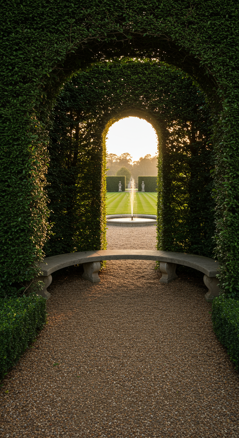 Blick durch einen hohen Heckenbogen mit Steinbank auf einen formalen Garten mit Brunnen.