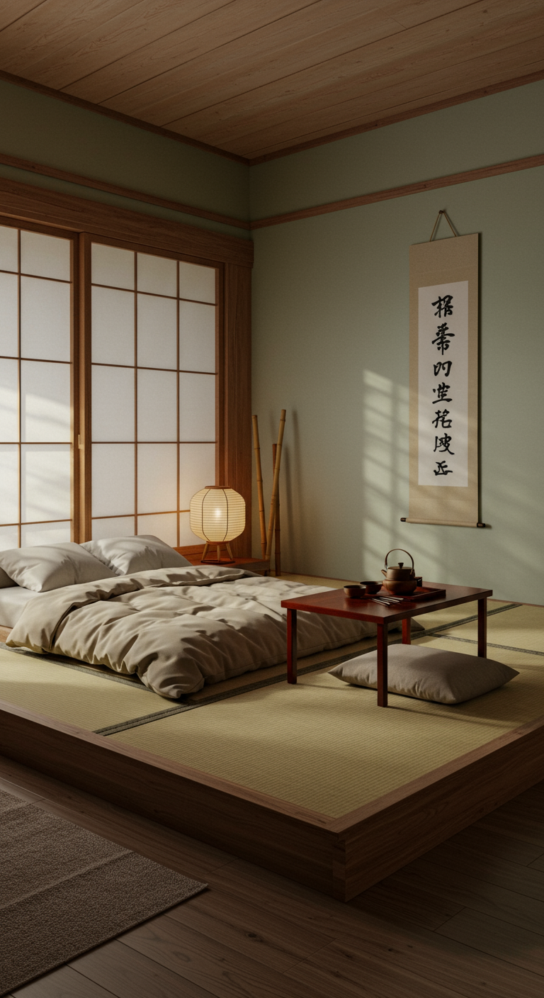 Traditionelles japanisches Schlafzimmer mit Futon, Tatami und Teetisch.