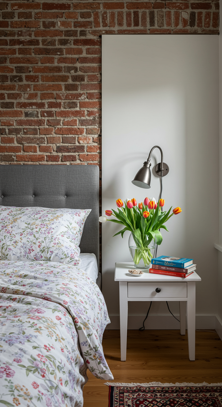 Schlafzimmerdetail mit blumiger Bettwäsche, Backsteinwand und frischen Tulpen auf Nachttisch.