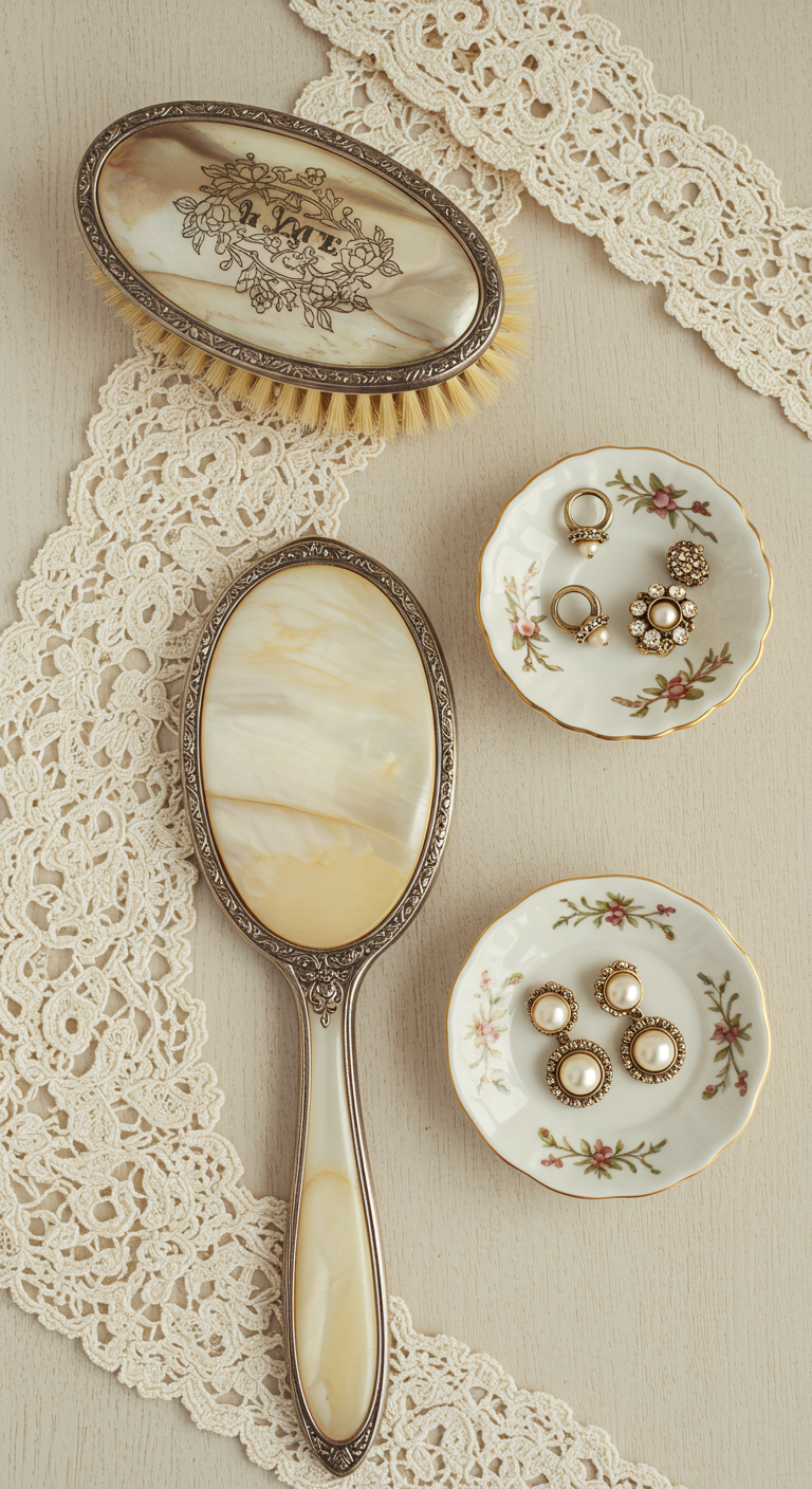 Vintage-Kosmetikset mit Spiegel, Bürste und kleinen Schälchen auf Spitze.