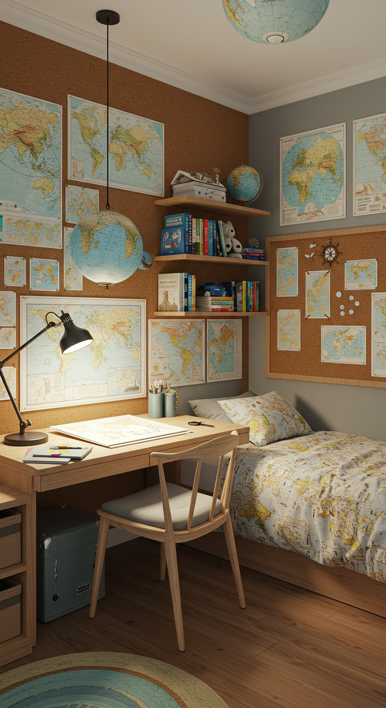 Kinderzimmer mit vielen Weltkarten an den Wänden und Globus-Lampe.