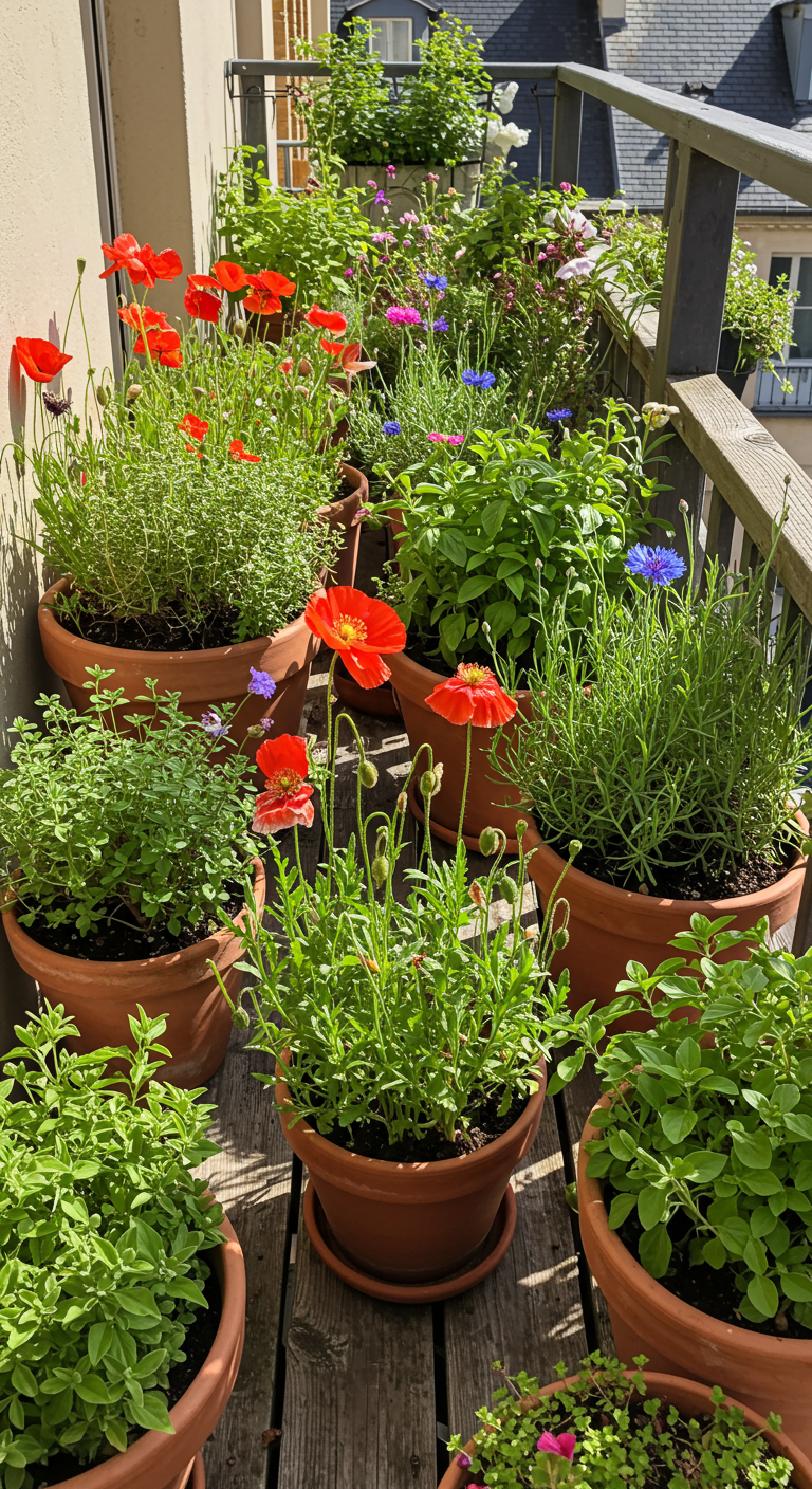 Balkon mit Holzboden und vielen Terrakotta-Töpfen mit Mohn, Kornblumen und Kräutern.