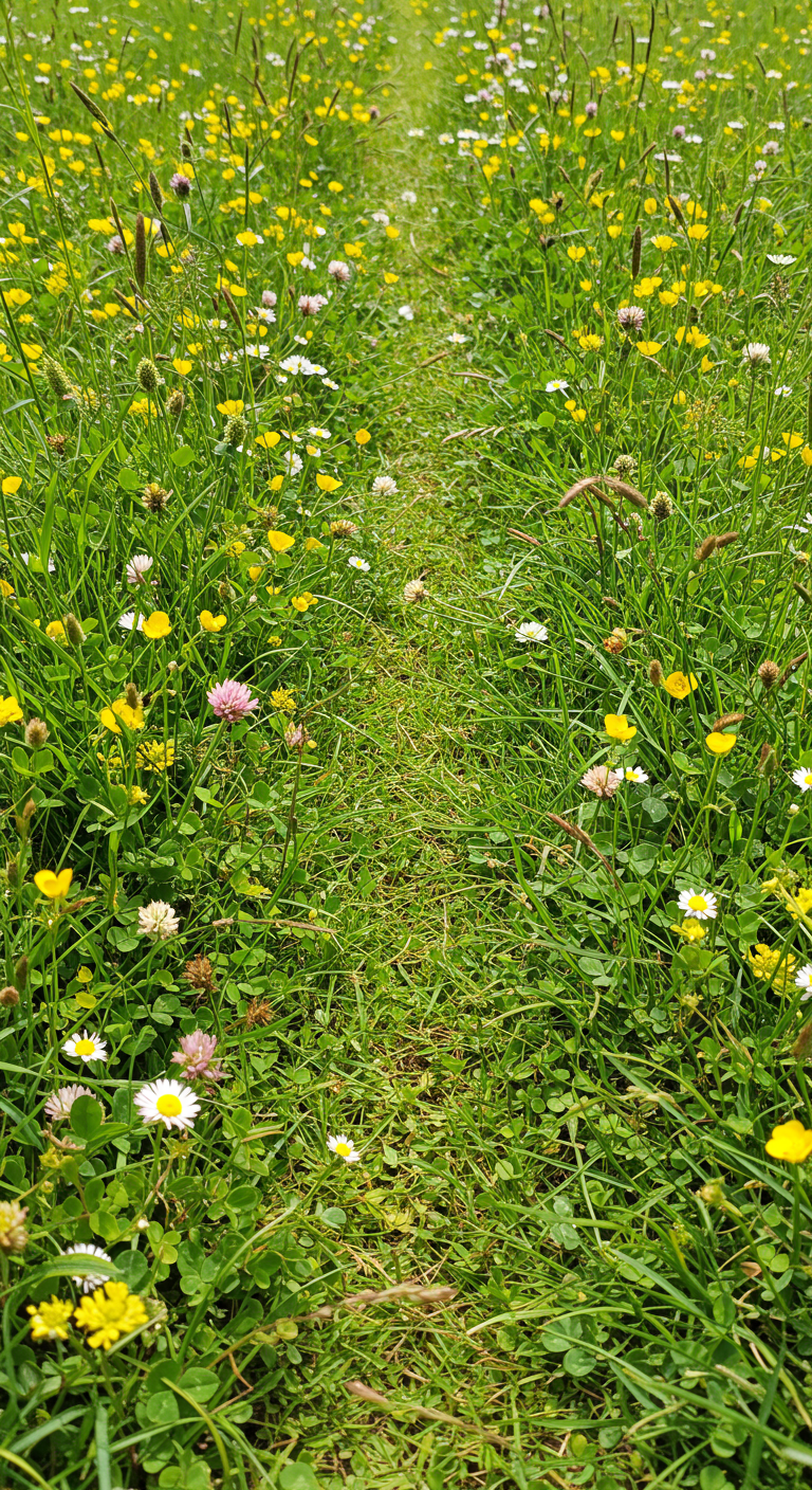 Schmaler Grasweg durch eine blühende Wildblumenwiese.