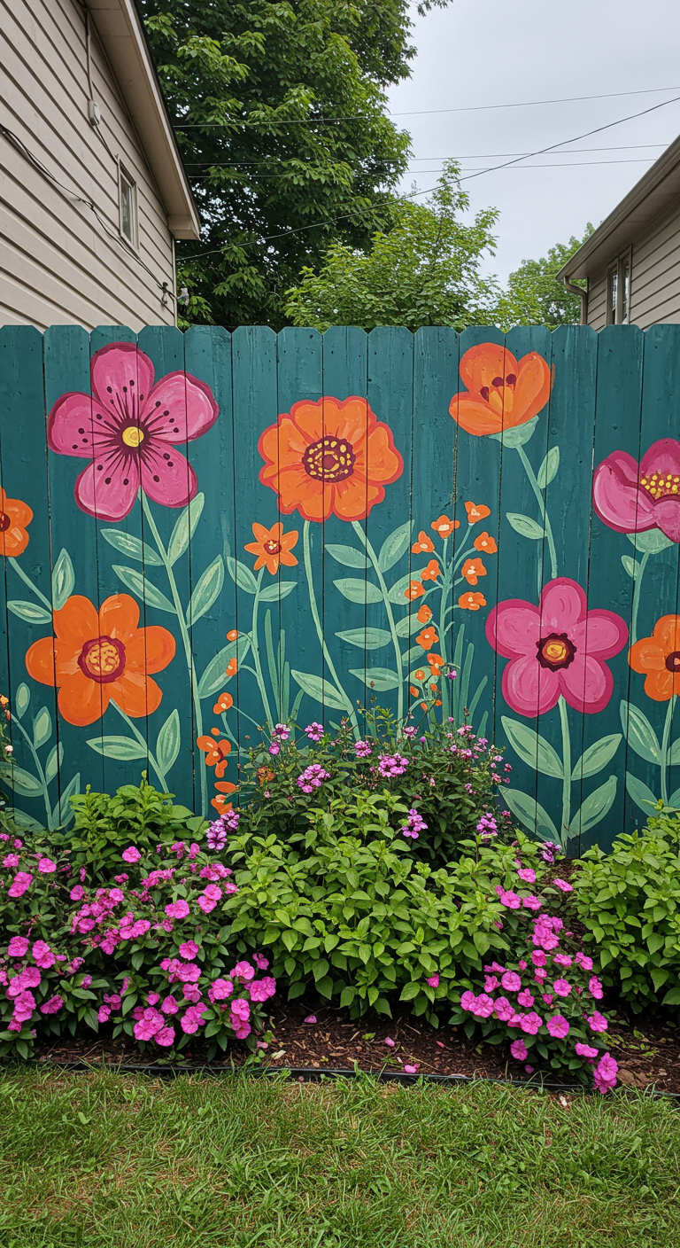 Bunt bemalter Holzzaun mit großen Blumenmotiven in Pink und Orange.