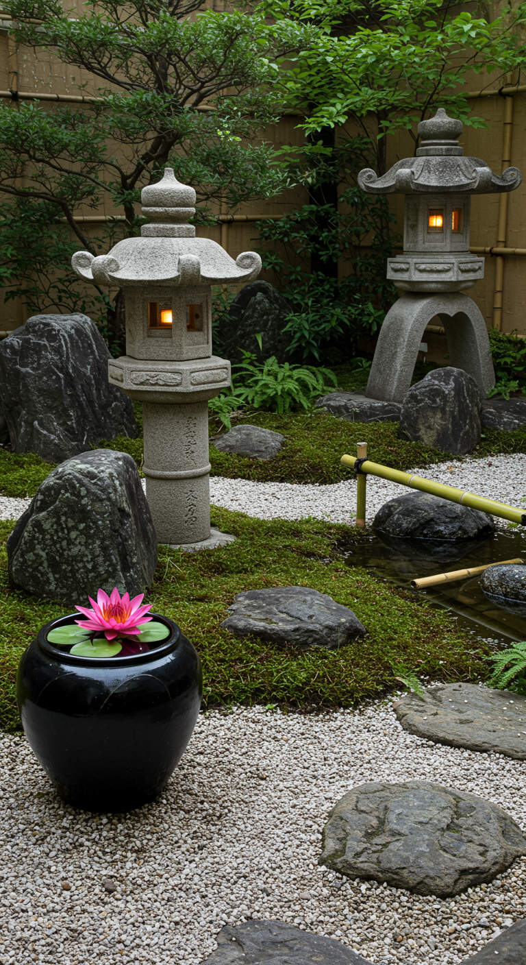 Japanischer Garten mit Steinlaternen, Kies, Moos, Felsen und einer Lotusblüte im schwarzen Topf.