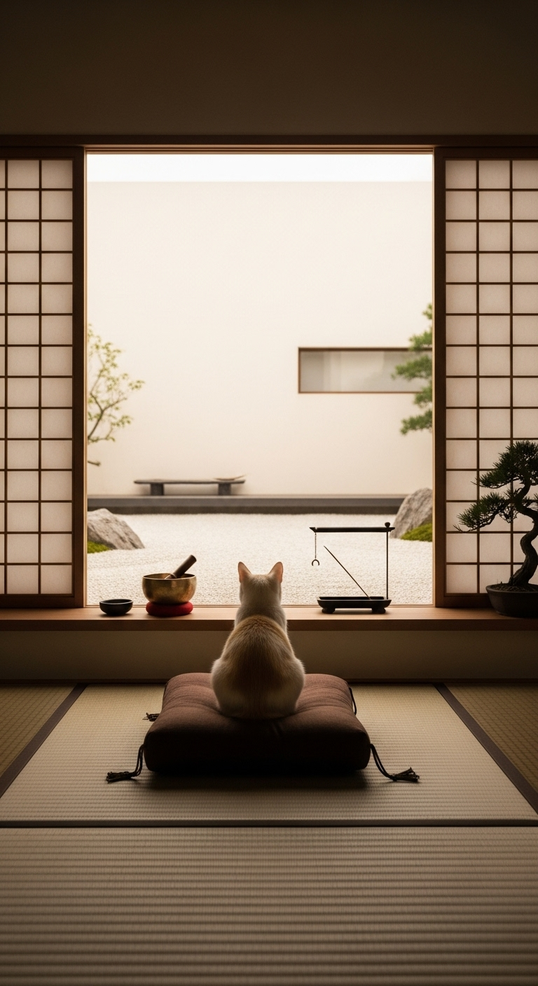 Katze auf Kissen vor Shoji-Fenster mit Blick auf einen japanischen Zen-Garten.