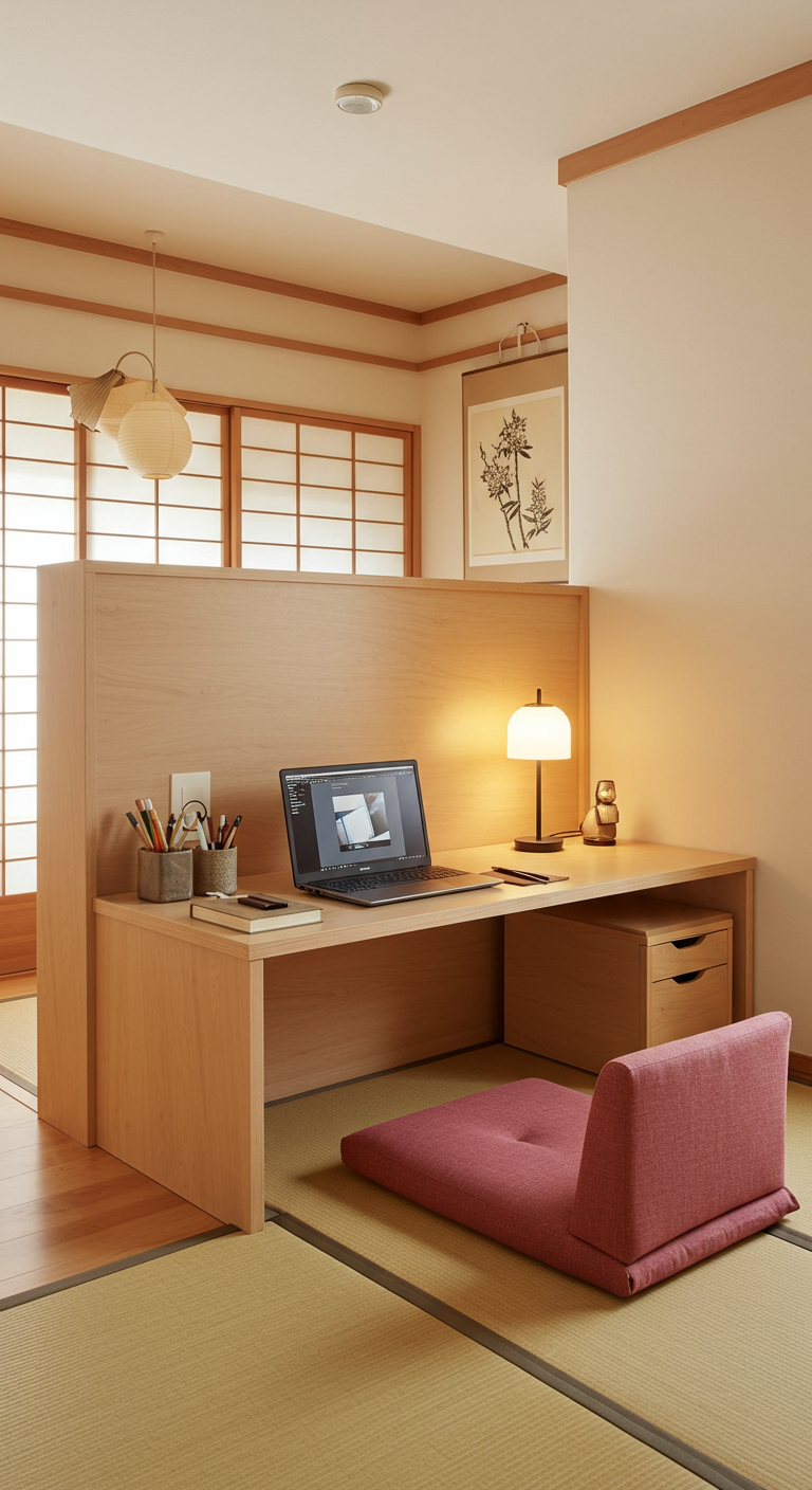 Japanischer Arbeitsplatz am Boden auf Tatami-Matte mit rosa Sitzkissen.
