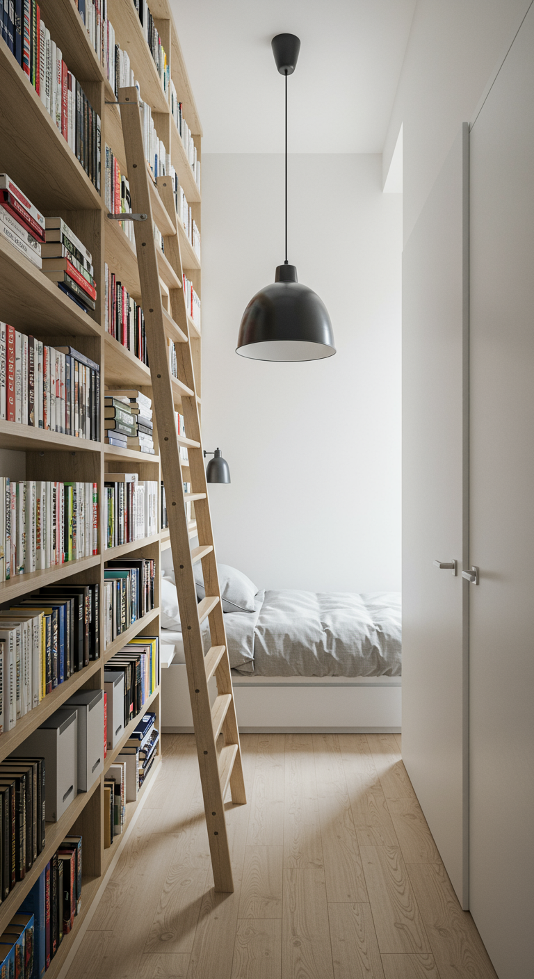 Schlafzimmer mit raumhohem Bücherregal und Anlegeleiter.
