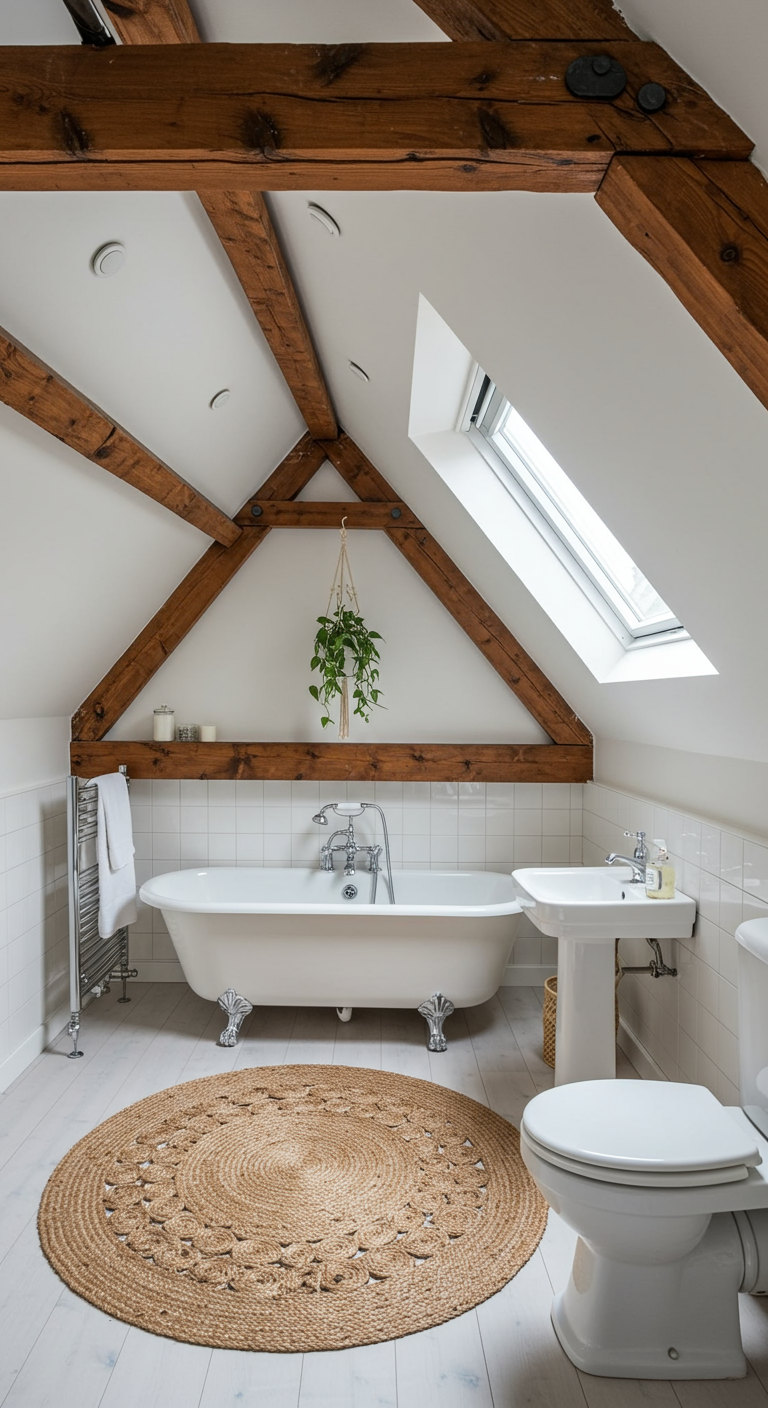 Helles Dachgeschoss-Bad mit sichtbaren Holzbalken und freistehender Wanne.