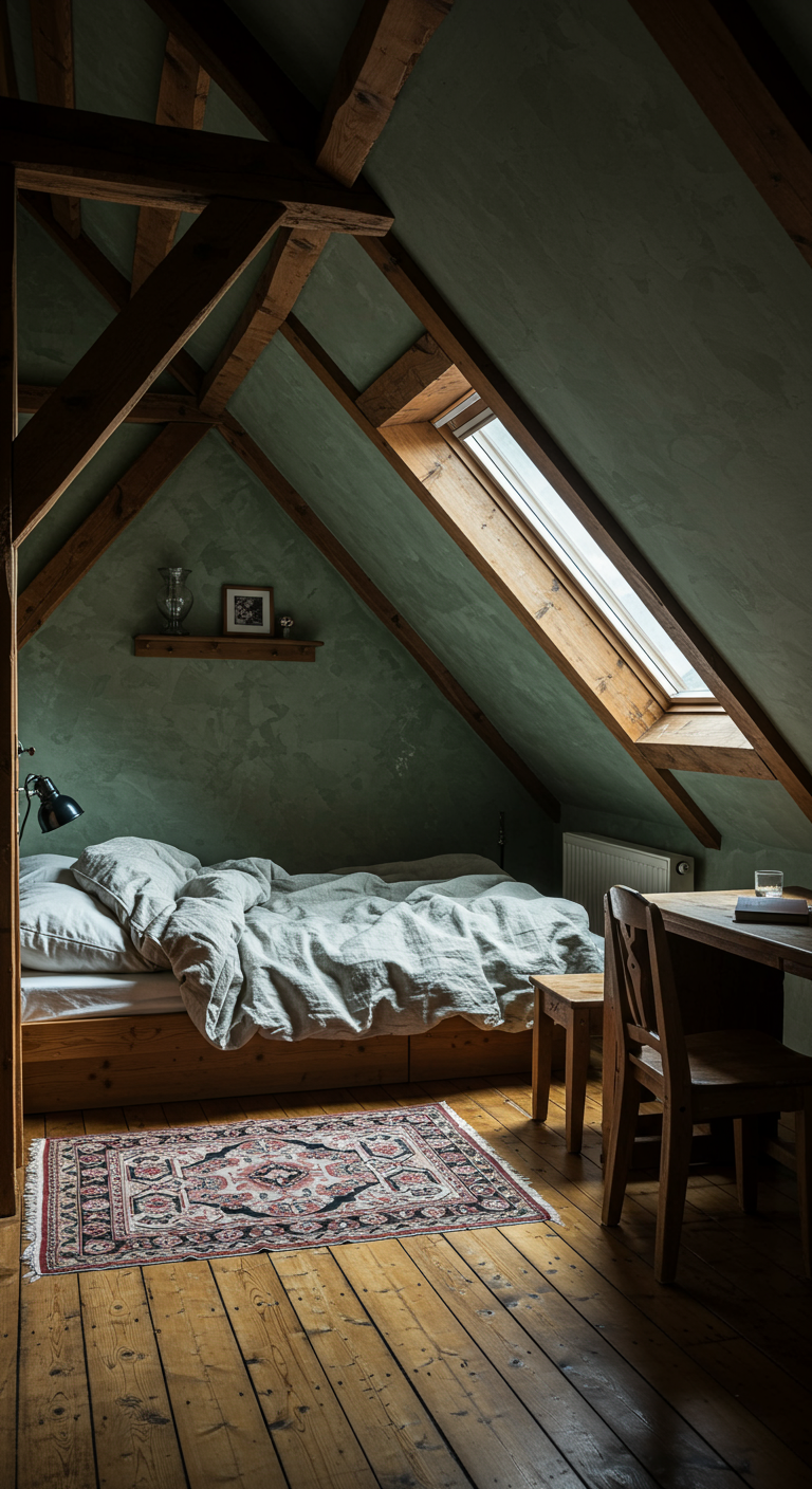 Gemütliches Dachzimmer mit grünen Wänden und sichtbaren Holzbalken.