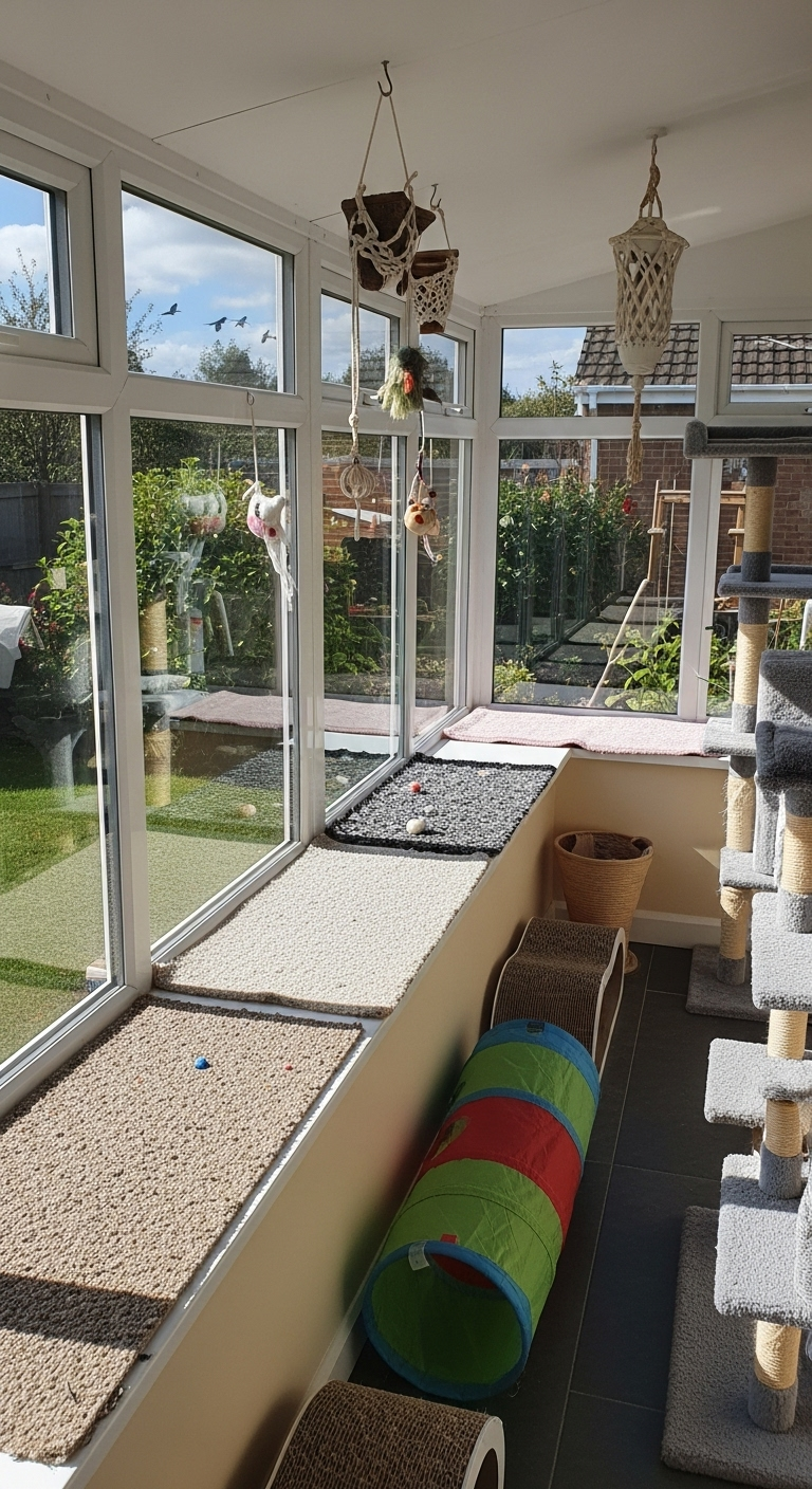 Fensterbank in einem Catio mit verschiedenen Teppichen, Spielzeug und Kratzbaum.