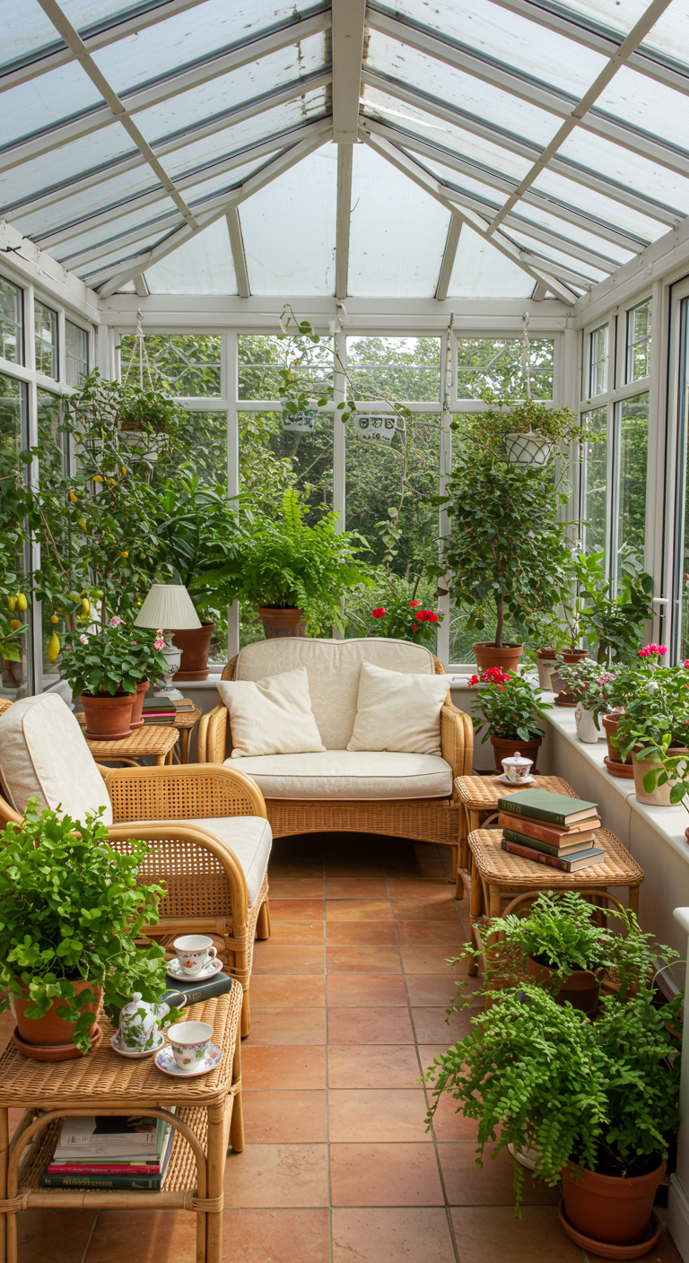 Heller Wintergarten im Light Academia Stil mit Rattanmöbeln und vielen Pflanzen.
