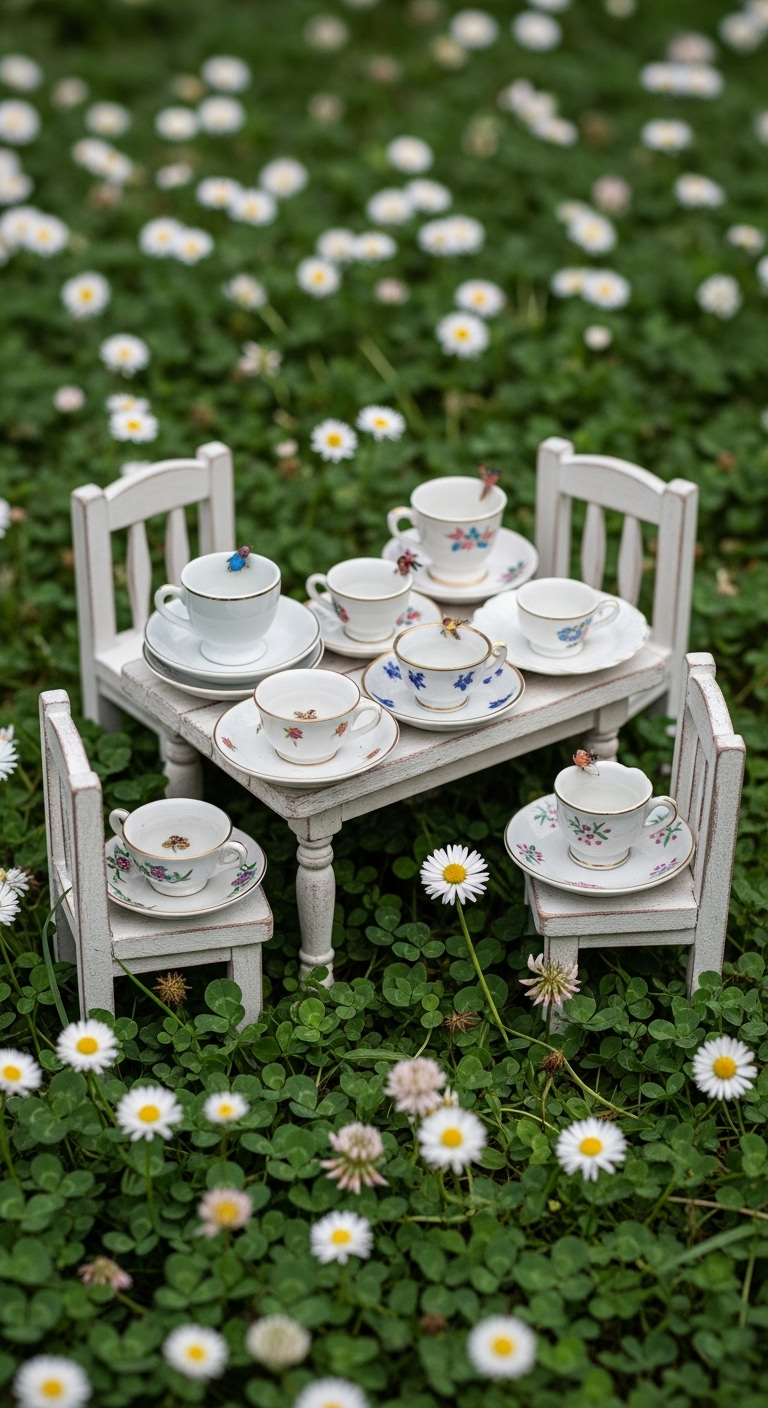 Miniatur-Tisch und Stühle mit kleinen Teetassen als Vogelbad auf einer Gänseblümchenwiese.