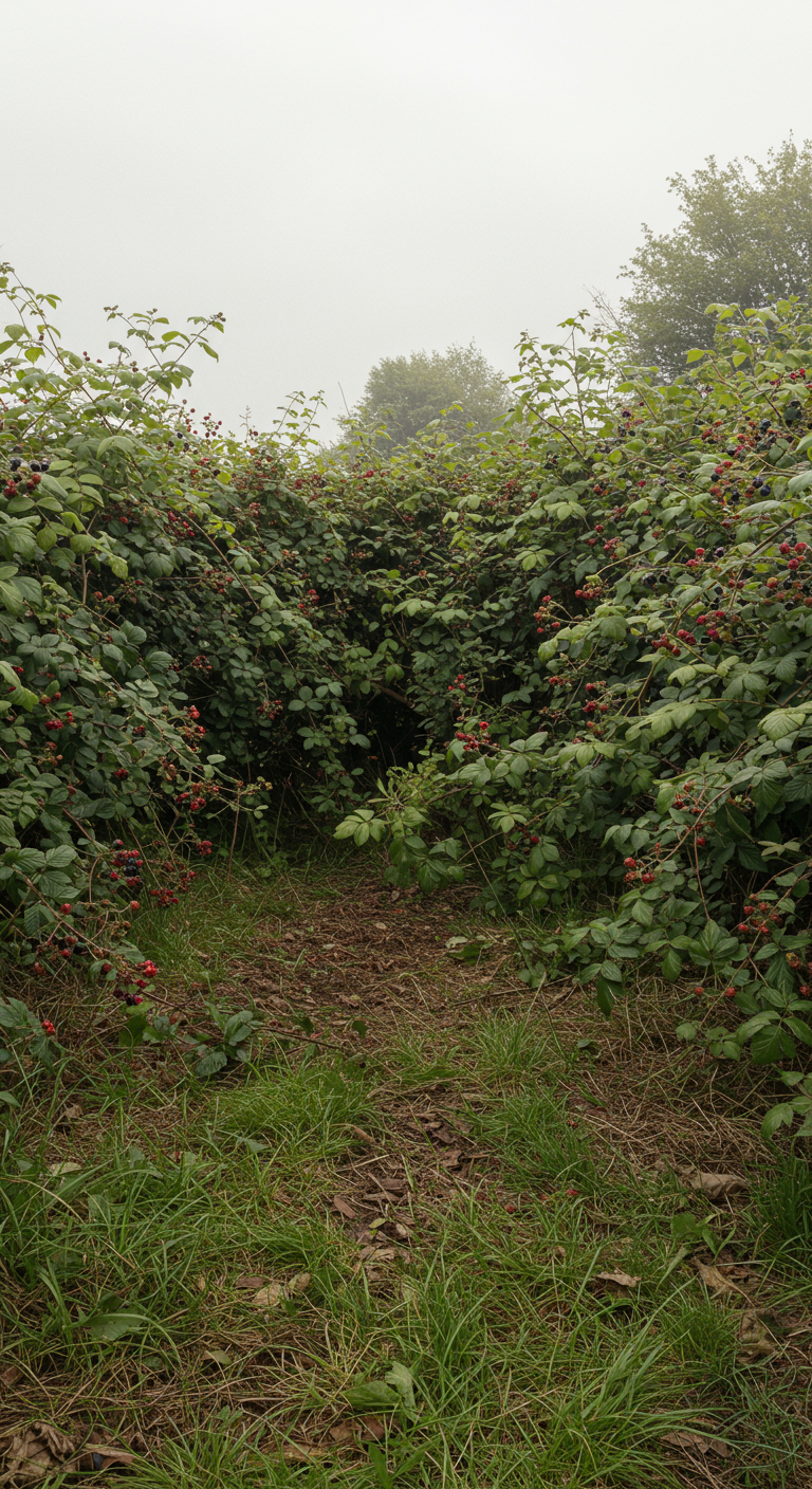 Pfad führt durch einen dichten Tunnel aus Brombeersträuchern mit roten Beeren.