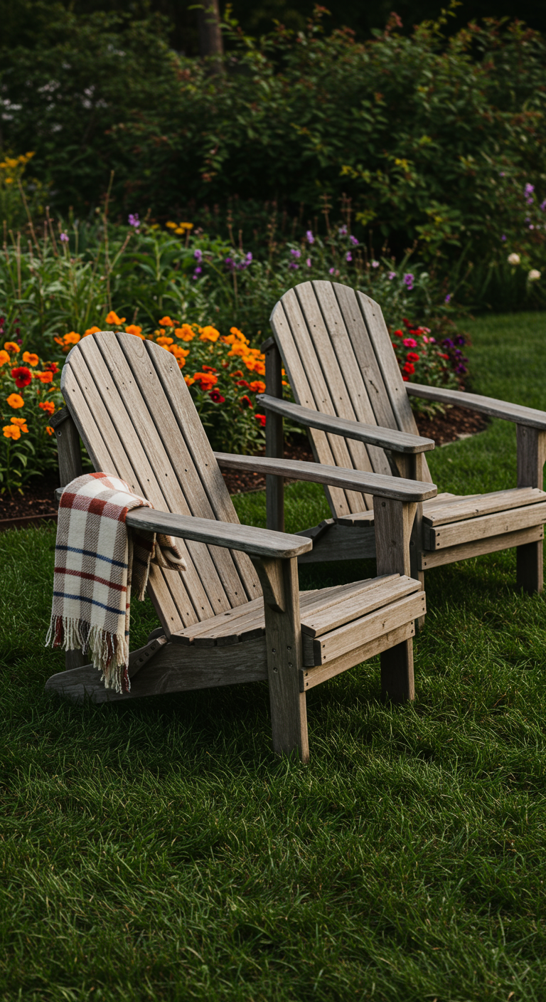 Zwei hölzerne Adirondack-Stühle auf Rasen vor blühendem Beet, eine Decke liegt bereit.