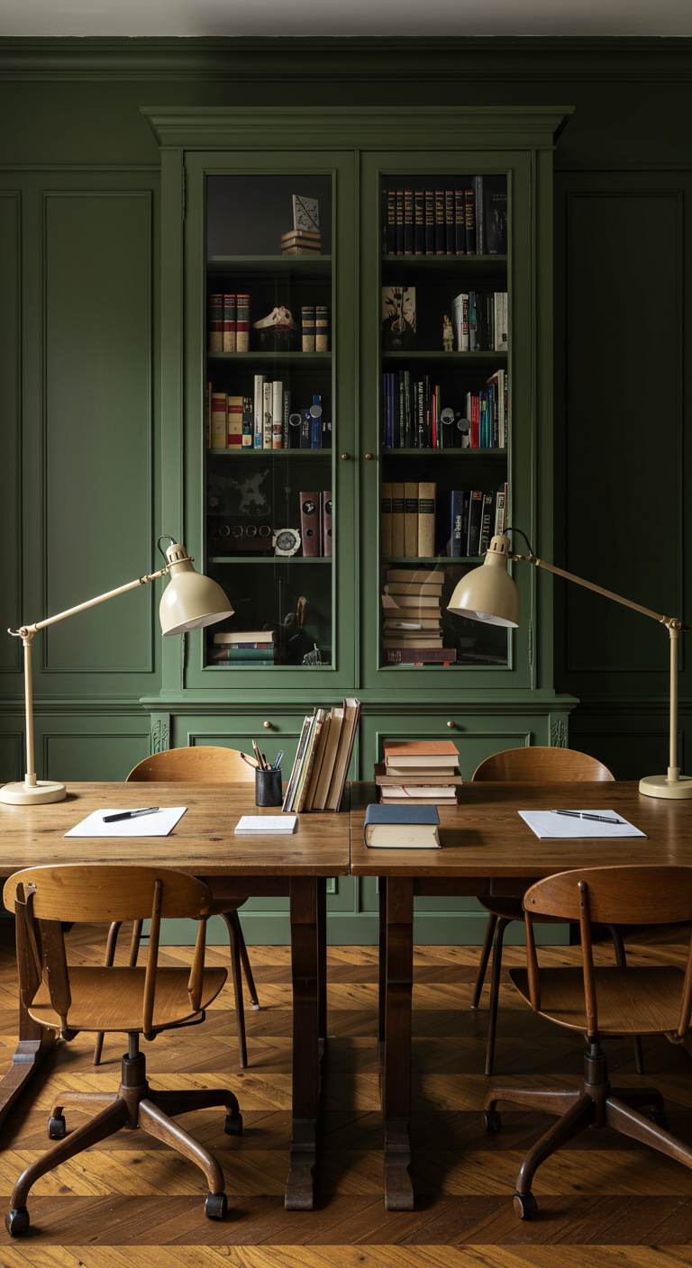 Doppelter Holzschreibtisch mit Lampen und Stühlen vor grünem Bücherregal.