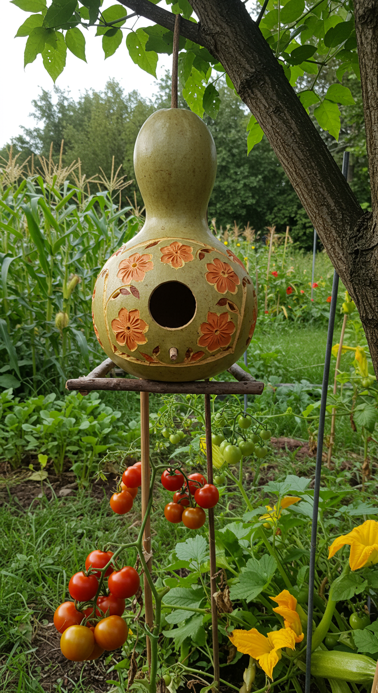 Vogelhaus aus einem geschnitzten Kürbis mit Blumenmuster, hängt im Gemüsegarten.