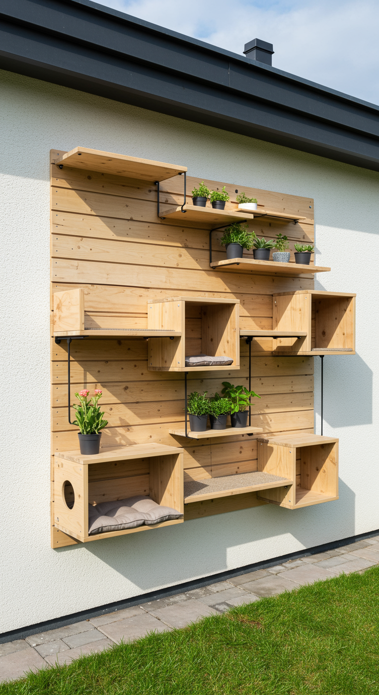Wandmontierte Katzenregale aus Holz mit integrierten Pflanzentöpfen.